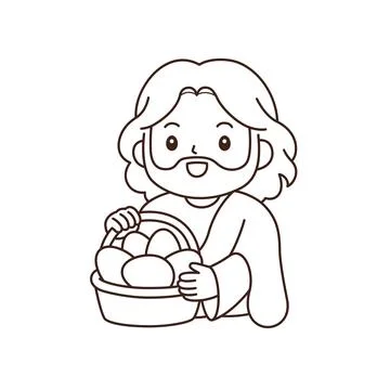 Cute cartoon Jesus carrying Easter egg basket simple coloring page outline .. 스톡 일러스트