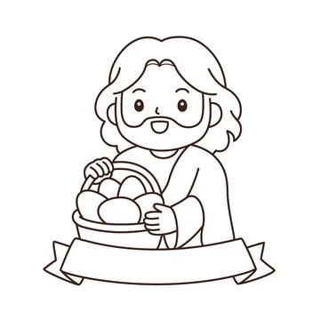 Cute cartoon Jesus holding Easter egg basket with blank ribbon banner color.. Stock Illustration