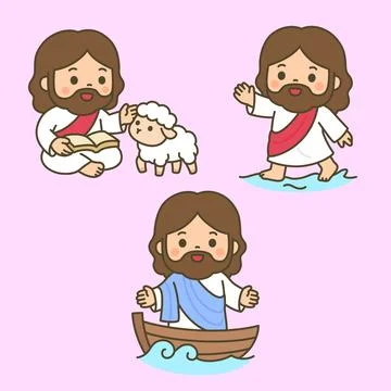Cute Cartoon Jesus Reading Scripture beside a lamb, Walking on Water, and S.. Stock Illustration