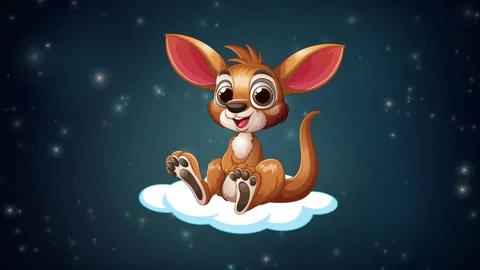 Cute Cartoon Kangaroo Character Floating on Cloud in Starry Night Sky Stock Footage 346569807