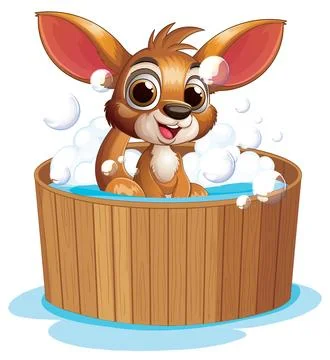 Cute Cartoon Kangaroo Character Taking a Bubble Bath in Wooden Tub Stock Illustration