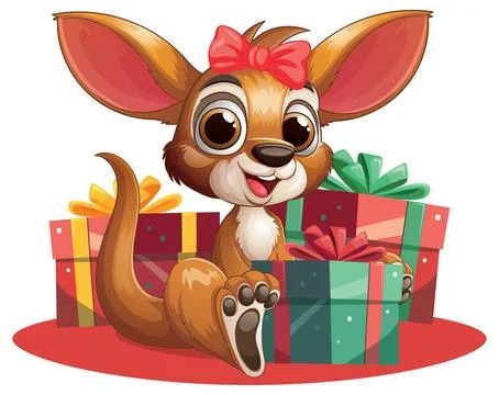 Cute Cartoon Kangaroo with Red Bow Sitting Among Colorful Gift Boxes Stock Illustration