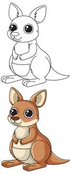 Cute Cartoon Kangaroo Vector Illustration with Black and White Outline Versio Stock Illustration
