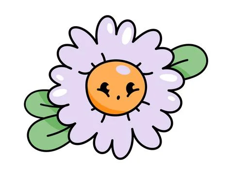 Cute cartoon kawaii character daisy flower with leaves in retro 70s style. Gr 스톡 일러스트