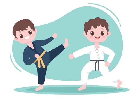 Cute Cartoon Kids Doing Some Basic Karate Martial Arts Moves, fighting Pose a Stock Illustration