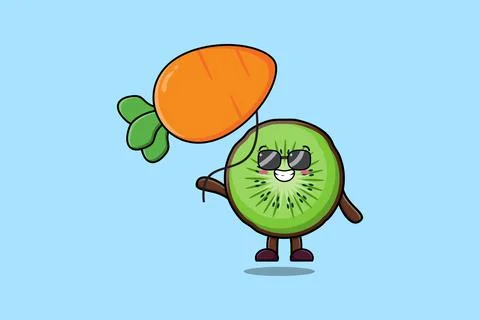 Cute cartoon Kiwi fruit float with carrot balloon Stock Illustration