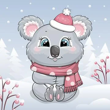 Cute cartoon Koala in winter. Stock Illustration