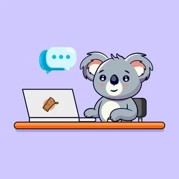Cute Cartoon Koala Working on Laptop in Workplace Stock Illustration