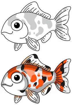 Cute Cartoon Koi Fish Vector Illustration in Color and Line Art Stock Illustration
