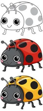 Cute Cartoon Ladybug Vector Set in Red Yellow and Outline Styles Stock Illustration