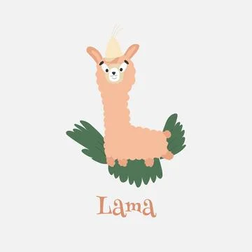 Cute cartoon lama in hat vector illustration. Stock Illustration