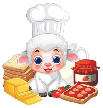 Cute Cartoon Lamb Chef with Breakfast Bread Jam and Milk Stock Illustration