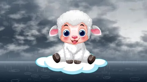 Cute Cartoon Lamb Floating on a Cloud During a Rainstorm 動画素材 345707766