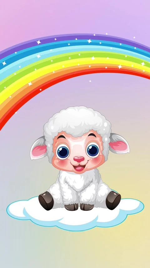 Cute Cartoon Lamb Sitting on Cloud Under Colorful Rainbow Animation Stock Footage 340382038