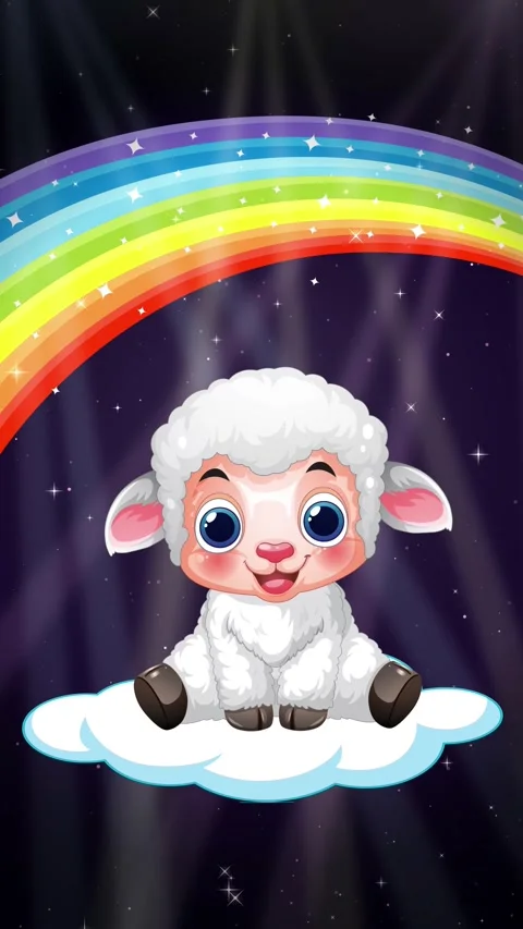 Cute Cartoon Lamb Sitting on Cloud Under Rainbow and Stars 動画素材 344832247