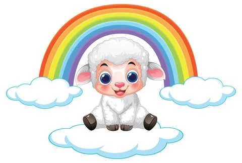 Cute Cartoon Lamb Sitting on Clouds with a Colorful Rainbow Stock Illustration