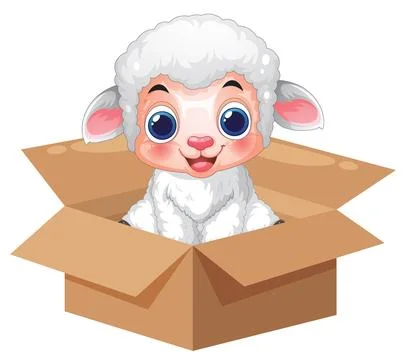 Cute Cartoon Lamb Sitting Inside an Open Cardboard Box Stock Illustration
