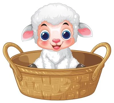 Cute Cartoon Lamb Sitting Inside a Woven Wicker Basket Stock Illustration