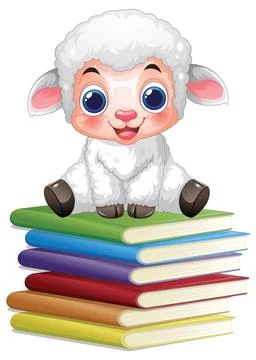 Cute Cartoon Lamb Sitting on a Stack of Colorful Books Stockillustratie