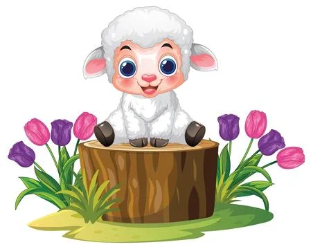 Cute Cartoon Lamb Sitting on a Tree Stump with Tulips Stock Illustration