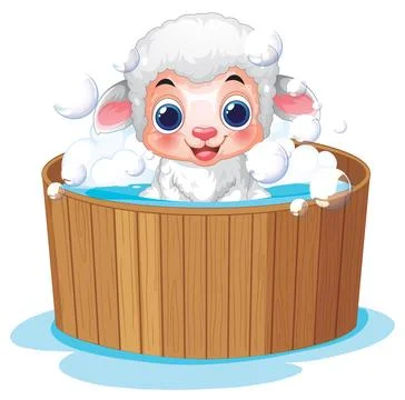 Cute Cartoon Lamb Taking a Bubble Bath in a Wooden Tub Stock Illustration
