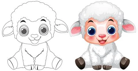 Cute Cartoon Lamb Vector Illustration with Line Art Coloring Page Stock Illustration