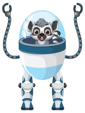 Cute Cartoon Lemur Character Operating a Futuristic Bipedal Robot Suit Stock Illustration
