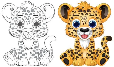 Cute Cartoon Leopard Cub Vector Illustration with Coloring Page Version Stock Illustration