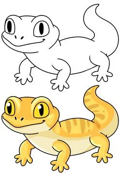 Cute Cartoon Leopard Gecko Vector Illustration in Color and Line Art Illustrazione stock