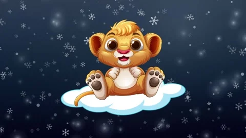 Cute Cartoon Lion Cub Floating on Cloud in Night Snowfall Stock Footage 346569231