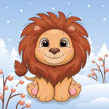 Cute cartoon Lion in winter. Stock Illustration
