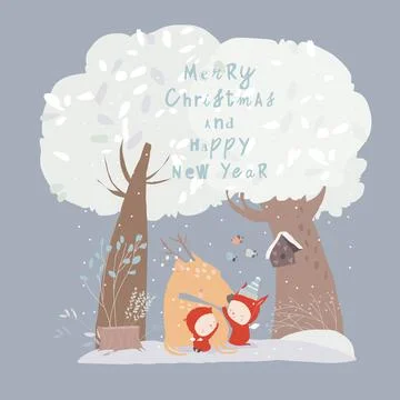 Cute Cartoon Little Angels hugging Reindeer in Winter Forest Stock Illustration