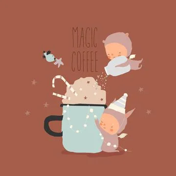 Cute Cartoon Little Angels making Magic Christmas Coffee Stock Illustration