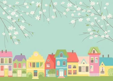 Cute cartoon little town with spring blossom branches Stock Illustration