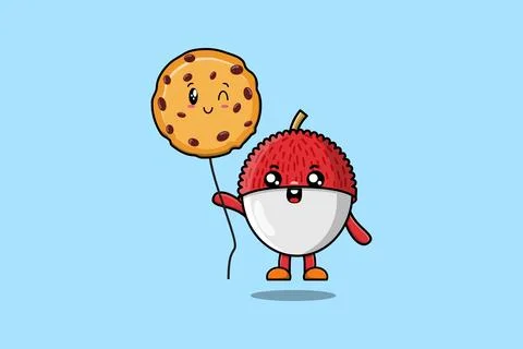 Cute cartoon Lychee floating with biscuits balloon Stock Illustration