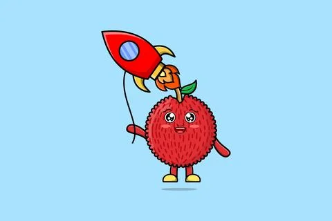 Cute cartoon Lychee floating with rocket balloon Illustrazione stock