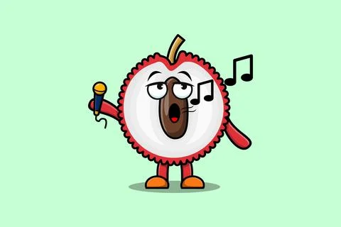Cute cartoon Lychee singer character holding mic Stock Illustration