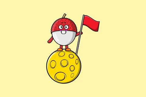 Cute cartoon Lychee standing on the moon with flag Stock Illustration