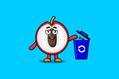Cute cartoon Lychee throwing trash in the trash Stock Illustration