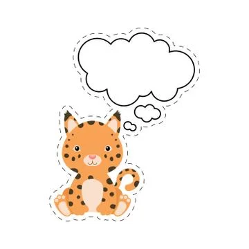 Cute cartoon lynx with speech bubble sticker. Kawaii character on white backg Stock Illustration