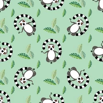 Cute Cartoon meditating lemur vector seamless pattern Stock Illustration