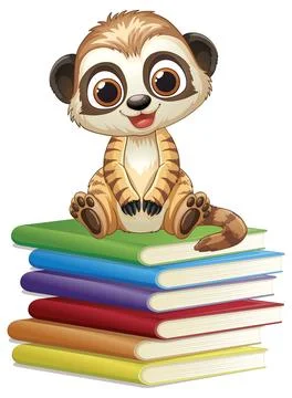 Cute Cartoon Meerkat Sitting on a Stack of Colorful Books Stock Illustration