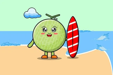 Cute cartoon Melon character playing surfing Illustrazione stock