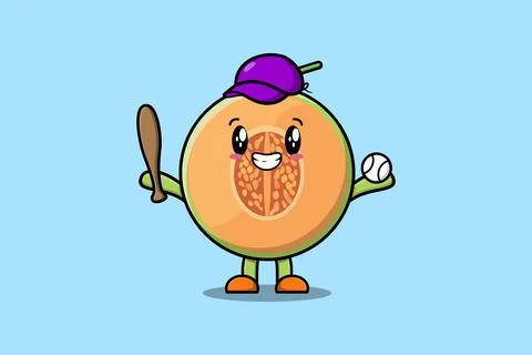 Cute cartoon Melon character playing baseball Stock Illustration
