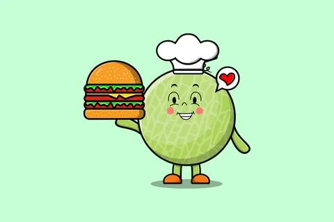 Cute cartoon Melon chef character holding burger Stock Illustration