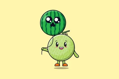Cute cartoon Melon float with watermelon balloon Stock Illustration