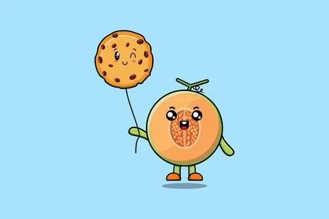 Cute cartoon Melon floating with biscuits balloon Stock Illustration