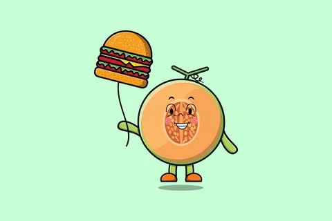 Cute cartoon Melon floating with burger balloon Stock Illustration