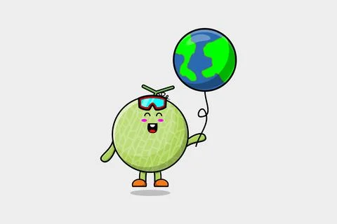 Cute cartoon Melon floating with earth balloon Stock Illustration