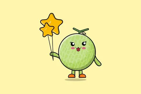 Cute cartoon Melon floating with star balloon Stock Illustration